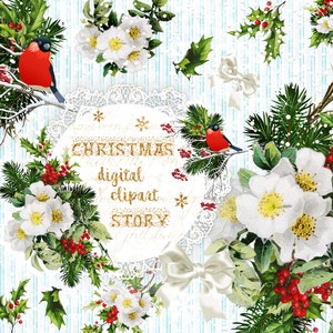 Clipart de Natal, designs de sublimação, Natal, vintage, ilustrações, adesivos de planejador, rosa de Natal, Holly Berry, galhos de pinheiro, Robins