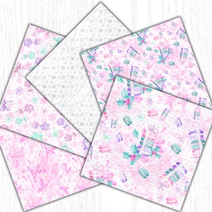 May include: Four digital paper designs featuring a pink and white background with a variety of pastel colored patterns. The patterns include snowflakes, floral designs, and macarons.