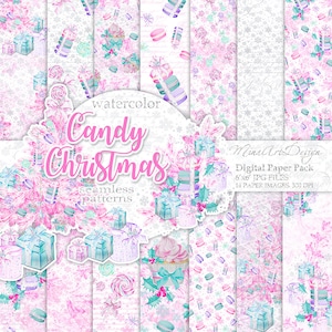 May include: A digital paper pack with 14 seamless patterns featuring watercolor illustrations of candy, gifts, cupcakes, and macarons in pink, blue, and green colors. The patterns are perfect for creating festive holiday designs.