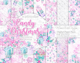 Christmas Digital Papers, Winter Backgrounds, Watercolor, Seamless Surface Patterns, Planner Stickers, Pastel Christmas, Xmas, Macaroons,