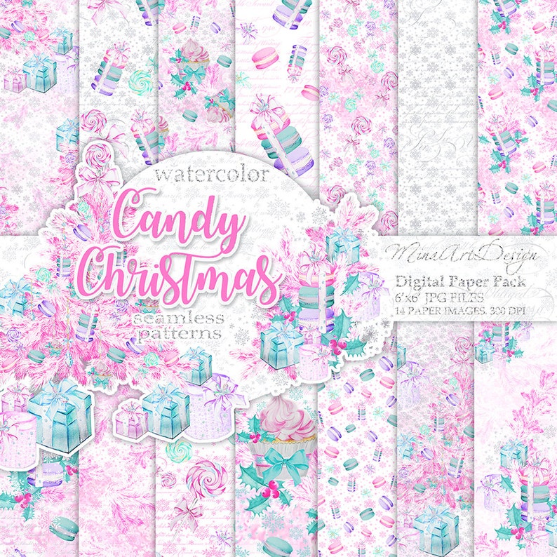 May include: A digital paper pack with 14 seamless patterns featuring watercolor illustrations of candy, gifts, cupcakes, and macarons in pink, blue, and green colors. The patterns are perfect for creating festive holiday designs.