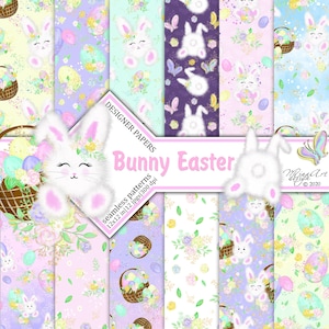 Easter Digital Papers, Cute Bunny,  Watercolor Illustrations, Pastel Eggs,  Planner Stickers, Floral Fabrics, Seamless Surface Patterns
