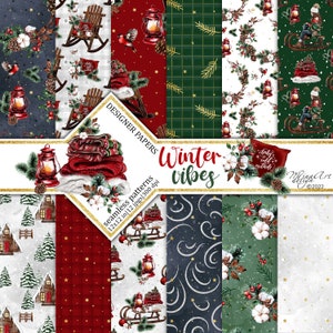 Papéis digitais de Natal, Moda aconchegante de inverno, Adesivos para planejadores, Padrões de superfície sem costura, Casa de montanha, Tecidos chiques, Costura de Natal