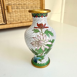 Vintage Cloisonne Vase, Chinese floral enamel brass miniature, small vase