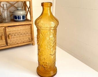Vintage Yellow Glass Decanter, Fruit Relief Vase, Made in Italy
