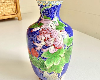 Vintage Vase 7" Chinese Cloisonne enamel cobalt blue turquoise copper butterfly