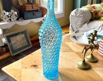 Vintage Blue Empoli Decanter Genie bottle Diamond Cut Vase Italy