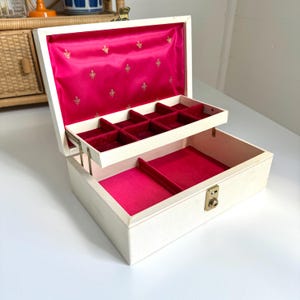 Vintage Jewelry Box Red and Gold Organizer Cream Exterior Tiered