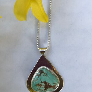 May include: A silver chain necklace with a teardrop-shaped pendant featuring a turquoise stone with brown markings.