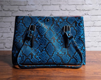 Blue Vinyl Snakeskin Shoulder Bag