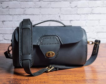 Blue Leather Barrel Crossbody