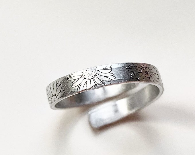 Featured listing image: Adjustable Ring// Hand Stamped Collection// Silver Daisy Ring