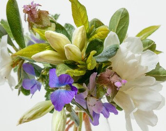 Spring Flower Arrangement Photograph, Violets, White Azalea, Blooming Flowers, White background, Vase Arrangement, Fine Art Photo