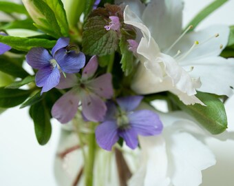 Spring Flower Arrangement Photograph, Violets and White Azalea, Flowers in a Vase, Mini Flower Arrangement, Purple and White