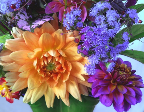 Flower arrangement photo, summer bouquet picture, orange flower, purple dahlia, floral fine art photograph