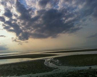 8x10 Moody beach photograph, Sunset clouds, Sandbars, Low tide, Long Island beach picture, New York, North shore of Long Island