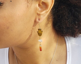 Hamsa Earrings in Quartz, Carnelian + Tigers Eye Earrings.