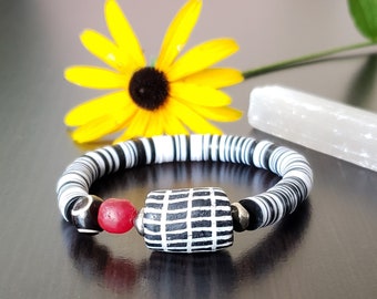 Krobo Bracelet | Recycled Glass + Vinyl Beads | Black + White Bohochic Jewelry | Afrobohemian Bracelets