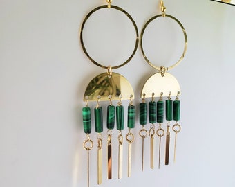 Malachite Earrings In Brass. Statement Earrings. SOHO