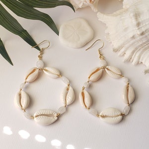 Cowrie Shell Hoops. Orisha AJE Earrings Moonstone