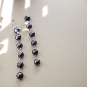 Long Black Pearl Earrings: Sterling Silver Wire Wrapped Dangle Earrings
