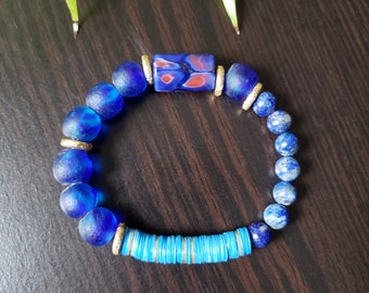 INDIGO Bracelet. Lapis + Glass Beaded Chunky Stacker