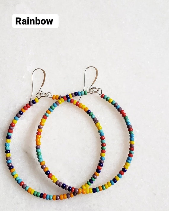 Seed bead hoops. Beaded hoop earrings. Colorful beaded hoops. Afrobohemian hoops. Bohochic hoops