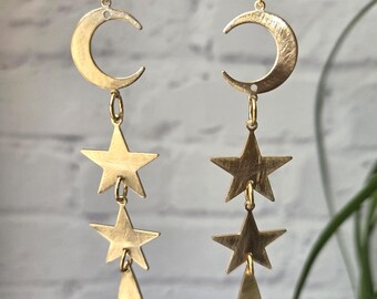 Stars and Moon Earrings in Brass. Celestial DREAM Earring