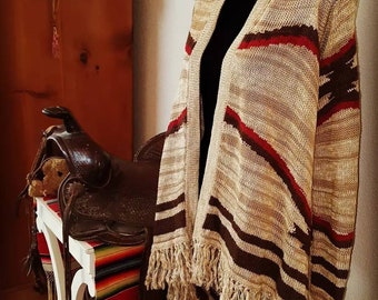 SOFT Ralph Lauren Cardigan Sweater Striped Southwestern Aztec Fringe Linen Cotton Lambswool Women Small / Medium *NARROW thru Sleeve Vintage