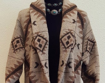 Ralph Lauren Cardigan Sweater Coat Western Southwestern Aztec DUSTER Maxi Robe styl LUXE Hand Knit Wool LLAMA Women Medium ? Large ? Vintage