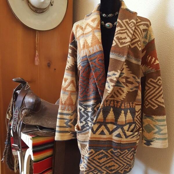 COMING SOON Ralph Lauren Cardigan Sweater Coat PATCHWORK Western Aztec Southwestern Indian Wool Hand Knit Women Large ? Men Medium ? Vintage