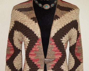 Ralph Lauren Cardigan Sweater Coat Western Southwestern Aztec Navajo Indian Hand Knit Polo SPORT Herringbone Wool Silk Women SMALL Vintage