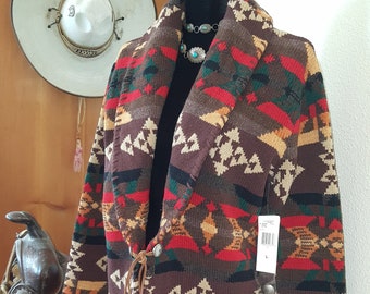 Vintage Ralph Lauren Cardigan Sweater Coat Western Southwestern Aztec Concho Cabin Blanket Hand Knit Wool Women Large ? / XL ? Men ? UNUSED!