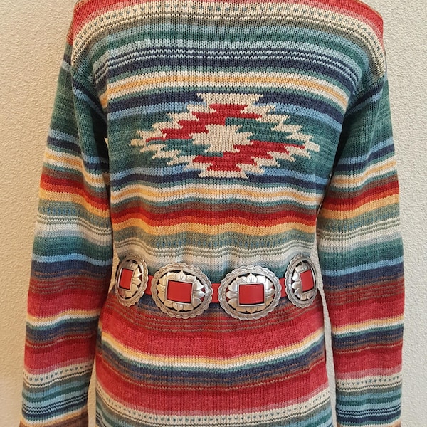 HAND KNIT Ralph Lauren Cardigan Sweater Serape Western Aztec Southwest Indian Mexican Rainbow Soft Linen Cotton Women SMALL Medium ? Vintage