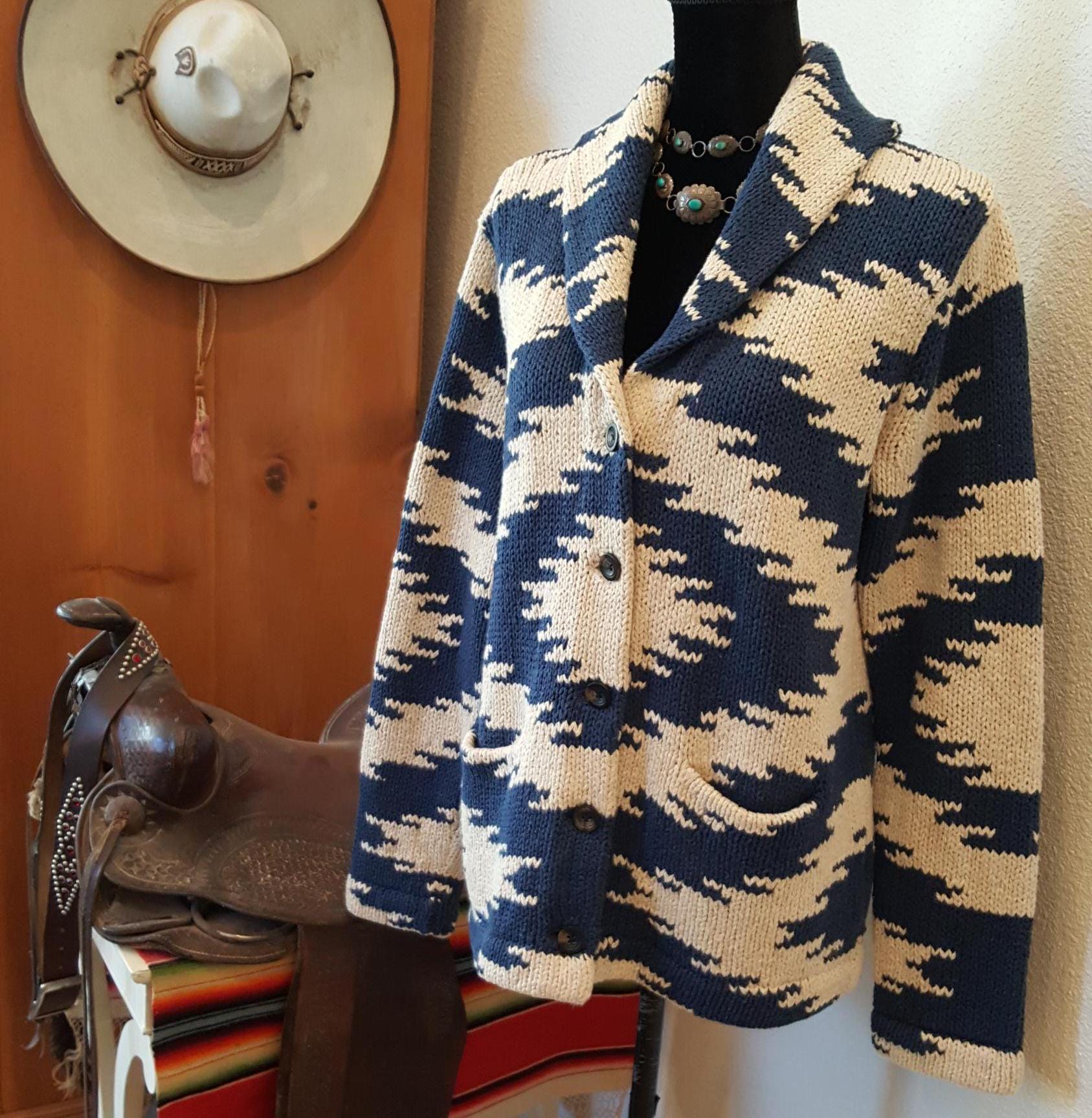 SOFT! Ralph Lauren Cardigan Sweater Denim & Supply Western AZTEC Southwestern Blue Cotton Linen Women's ( Large ) MEDIUM 40" Bust Vintage.