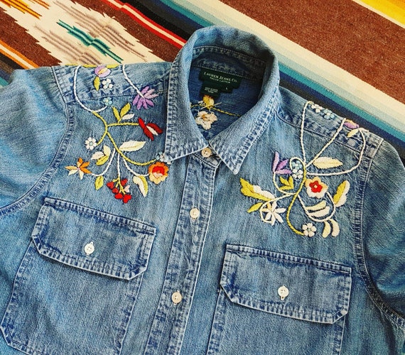 Ralph Lauren DENIM Shirt Top Floral Jean EMBROIDERED Western - Etsy