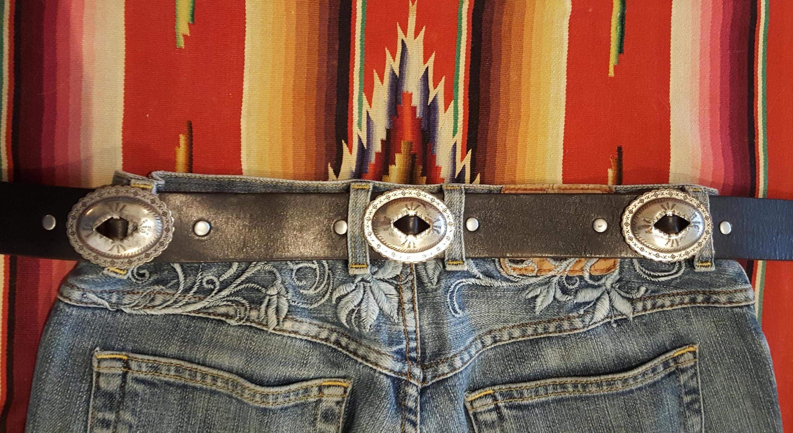 Ralph Lauren 4 CONCHO Belt Leather BLACK Western Silver Metal