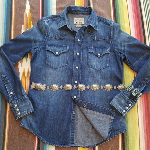 EURO Ralph Lauren Shirt Denim Top Western Long Sleeve PEARL Snap Indigo Blue Jean Cotton Southwest Women sz 6 = FITTED Small ? xs ? Vintage