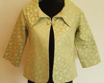 Anthropologie ELEVENSES Y2K Jacket Lined Top Blazer SHANTUNG Green Metallic Silver Women's 2 / 36 bust XS Extra Small Vintage