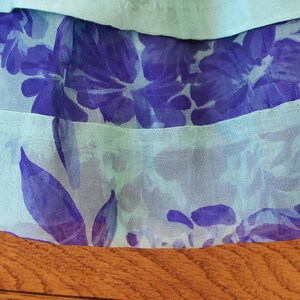 May include: Close-up of a layered fabric with a floral pattern. The fabric features a light blue top layer, a middle layer with a blue floral print, and a bottom layer with a similar print. The floral design includes large, stylized flowers.