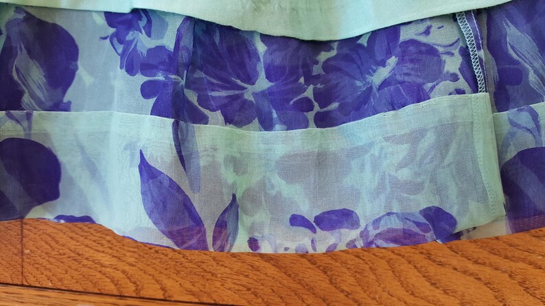 May include: Close-up of a layered fabric with a floral pattern. The fabric features a light blue top layer, a middle layer with a blue floral print, and a bottom layer with a similar print. The floral design includes large, stylized flowers.