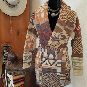MINT Ralph Lauren Cardigan Sweater Coat Aztec Western Southwestern Indian PATCHWORK Boho Hand Knit Lambswool Wool Women&#39;s SMALL xS ? Vintage