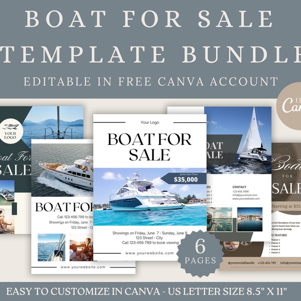 Boats for sale, boats for sale flyer bundle, fully editable canva template, canva template flyer, for sale sign, boat for sale sign template