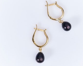 Black Pearl Teardrop Hoop Earrings / Deep Gold Plated Huggies