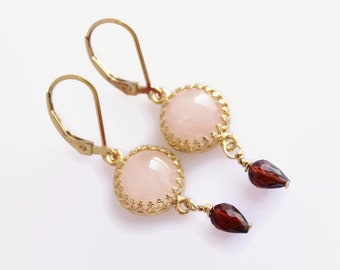 Rose Quartz Earrings with Garnet Drops / Blush Pink Earrings / Natural Gemstones Jewelry / Dainty Dangle Earrings / Gold Filled Jewelry