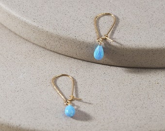 Blue Opal Gold Earrings / Drop Kidney Ear Wire Earrings / Lab Gemstone Jewelry
