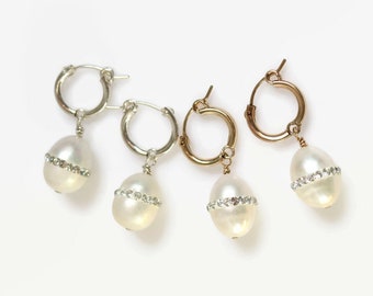 Pearl Huggie Hoop Earrings / Natural Baroque Pearl Embellished Crystal Earrings / Sterling Silver or Gold Filled Jewelry