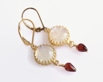 Garnet Moonstone Earrings / Natural Gemstone Earrings / Refined Dangle Earrings / Gold Filled Jewelry / Valentine Day Gift