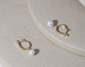 White Pearl Hoop Earrings | Natural Cultured Freshwater Pearl Huggie Earrings | Teardrop Earrings | Deep Gold Jewelry