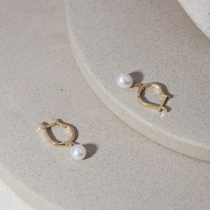White Pearl Hoop Earrings | Natural Cultured Freshwater Pearl Huggie Earrings | Teardrop Earrings | Deep Gold Jewelry